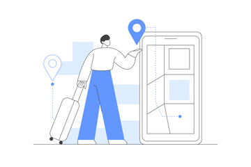 Aufkleber - man with suitcase. mobile gps navigation and tracking. holding smartphone with city map path and loc