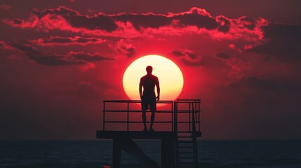 Poster - A silhouette of a person standing on a dock at sunset, creating a serene atmosphere.