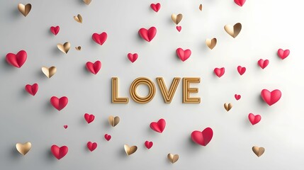 Wall Mural - Romantic Valentine's Day Design: Gold and Red Hearts with LOVE