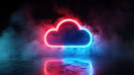 A glowing neon cloud shape appears in blue and red colors, surrounded by swirling smoke in a dark setting, creating a striking visual effect.