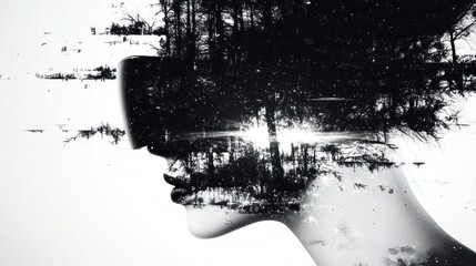 Poster - A silhouette of a woman with a double exposure effect featuring a forest landscape.