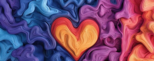 Poster - A vibrant, abstract artwork featuring a heart shape amidst colorful, swirling patterns in shades of blue, purple, and pink.