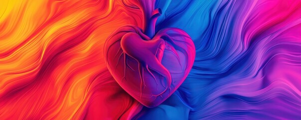 Poster - A vibrant heart design surrounded by swirling colors, symbolizing love and emotion, set against a dynamic backdrop of orange and blue hues.