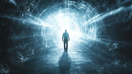 Poster - A silhouette walks towards a bright, ethereal tunnel of light, symbolizing hope or transition.