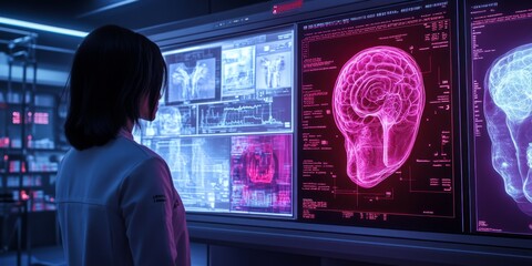 Aufkleber - A woman analyzes advanced brain imaging data in a modern lab. The screens display vibrant colors and complex graphics. This image captures a blend of science and technology. AI