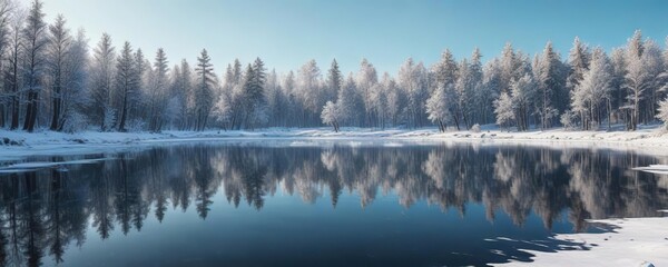  Frozen lake reflecting wintry trees under a blue sky, chilly atmosphere, peaceful vibes