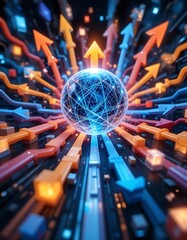 An abstract representation of a growing business, with 3D arrows and glowing cubes expanding outward from a central sphere