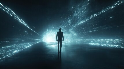 Poster - A silhouetted figure stands in a futuristic, glowing environment filled with digital elements.