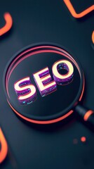 Fototapete - Vibrant magnifying glass highlighting the SEO keyword amidst a digital backdrop of neon orange elements at a workspace
