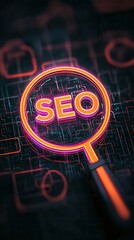 Fototapete - Bright neon magnifying glass focuses on the term SEO within a digital landscape showcasing interconnected lines and symbols