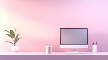 Poster - A minimalist office desk with a desktop computer, a cup of coffee, and a clean surface, ideal for a calm and productive office environment