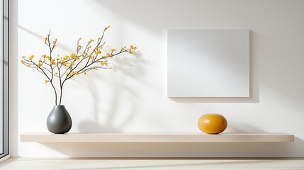 Poster - A modern hallway interior with sleek console tables, abstract wall art, and decorative vases in a minimalistic style.