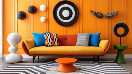 Poster - A vibrant home decoration set with a colorful couch, eclectic cushions, unique sculptures, and a bold patterned rug.