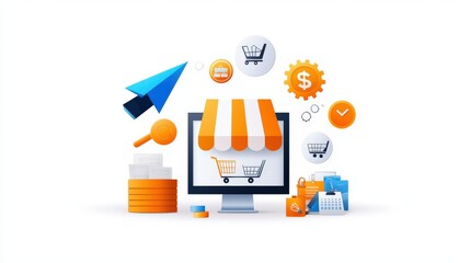 Poster - Flat vector design of small business operations with inventory icons, customer service tools, and market symbols. Bright and isolated on white.