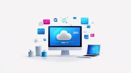 Poster - Illustration of innovative online business ideas with creative visuals like social media, cloud solutions, and virtual meetings. Modern flat style, on white.