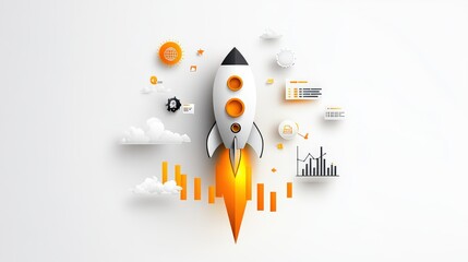 Poster - Minimal vector illustration of entrepreneurial concepts with innovation icons, growth charts, and startup themes. Clean design on a white background.