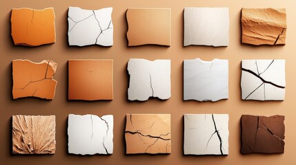 Poster - Various cracked wall icons displayed on a warm brown background, ideal for themes related to construction damage, building repair, or decay.