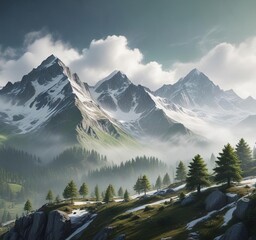 Sticker - Soft gray misty mountain range with snow-capped peaks and lush green trees, peaceful, snow