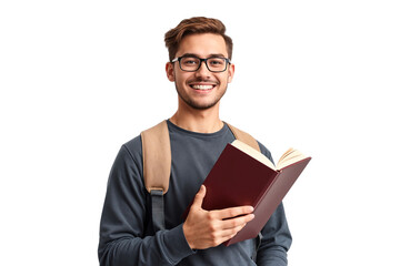 Wall Mural - Young handsome college student holding a book and wearing a glasses, isolated on white background