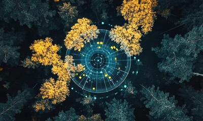 forest canopy data visualization: aerial view of a network system embedded in nature