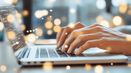 Poster - Hands typing on a laptop with bokeh light effects creating a warm, inviting atmosphere in a cozy workspace setting