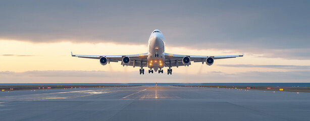 A large commercial airplane is taking off from a runway,landing.