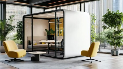 Poster - Modern office workspace featuring a collaborative pod with seating and greenery in a downtown setting