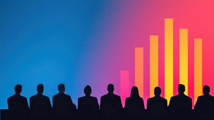Poster - Silhouettes of a group of people against a colorful backdrop with rising bar graphs, symbolizing growth and collaboration in business or finance.