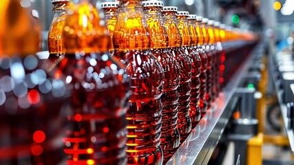 Fototapete - This Refreshing beverage bottles are processed on an assembly line in a busy factory setting.