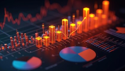 Aufkleber - 3D infographics for business presentation with neon glowing charts, bars and pie diagrams