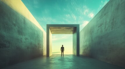 Poster - A solitary figure stands in a vast, open space framed by towering walls, suggesting introspection.