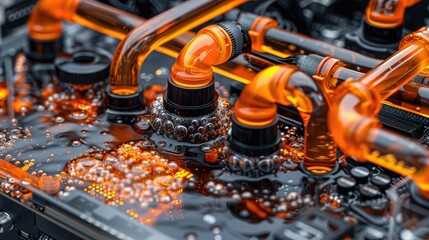Poster - A close-up of a liquid cooling system with vibrant orange tubing and bubbles.