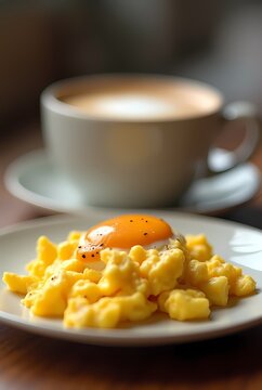 Light breakfast, scrambled eggs, gently fried, a cup of cappuccino