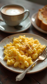 Light breakfast, scrambled eggs, gently fried, a cup of cappuccino