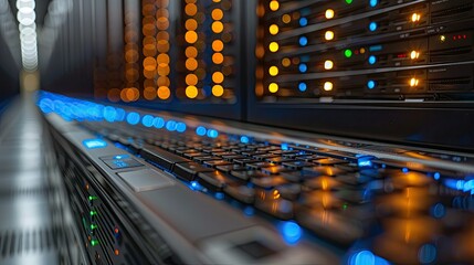 Poster - A close-up view of a server rack with illuminated components and a keyboard.