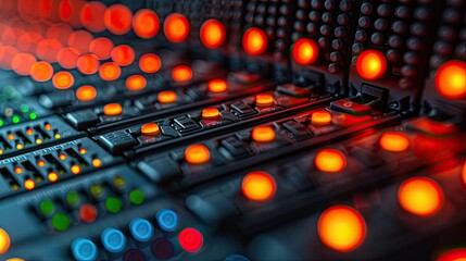 Poster - A close-up view of illuminated control panels with red lights, showcasing technology in action.