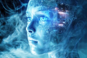 Poster - Futuristic humanoid figure with glowing features and digital elements in a sci-fi setting