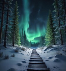 Wall Mural - Illuminated pathway through snowy forest under northern lights, aurora borealis, cold, northern lights