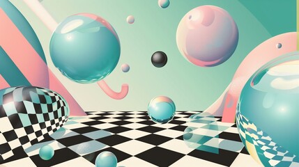 Aufkleber - bubbles floating over checkered surface illustration. surreal decor with flying spheres wallpaper sc