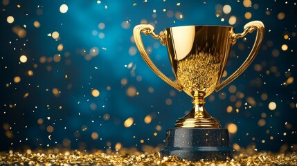 Wall Mural - a shiny gold trophy, winner, background surrounded by sparkling confetti, symbolizing achievement an