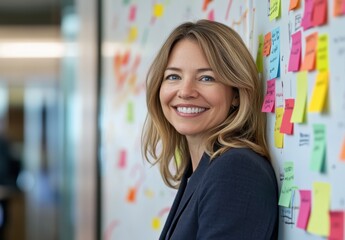 Aufkleber - Bright and Engaging Woman Poses in Modern Office Surrounded by Colorful Post-it Notes, Symbolizing Creativity and Collaboration in Work Environment