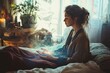 © Olsek - A peaceful moment captured in a cozy room. A woman meditates, surrounded by soft light and plants. The atmosphere feels serene and magical. Generative AI