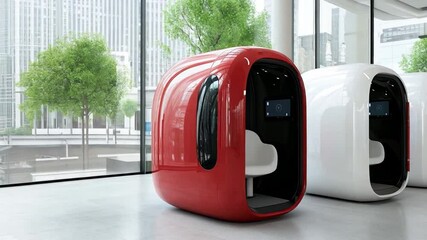 Poster - Modern pod workspaces arranged in a spacious office environment with large windows and greenery