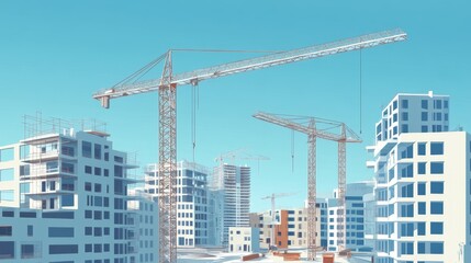 Construction scene with cranes and buildings under development against a clear blue sky.