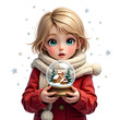© Wuttichai - Charming girl holding a snow globe with a cozy winter scene, digital art of illustration concept.