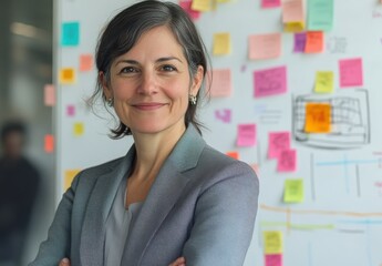 Poster - Confident businesswoman in modern office environment smiling at camera with colorful sticky notes on the wall representing creative ideas and teamwork collaboration