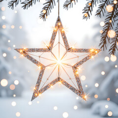 Wall Mural - illuminated glitter star decoration in a snowy winter wonderland, digital art of holiday theme conce