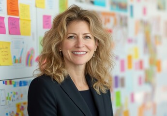 Poster - Confident Businesswoman Smiling in Modern Office with Colorful Post-It Notes and Creative Process Visuals in the Background