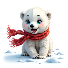 Wall Mural - Adorable polar bear cub with a cozy red scarf surrounded by soft snowy landscape, digital illustration of character design concept.