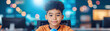 © Leninya - young boy with curly hair smiles while holding blue object in classroom filled with technology. atmosphere is bright and engaging, perfect for learning